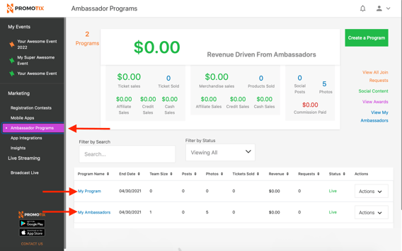 Select an ambassador program